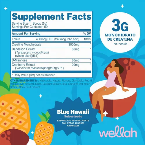 Vista 2 de Wellah Creatina para mujer (Blue Hawaii) 50 porciones, 0.11 onzas por porción Con diente de león y extracto de arándano
