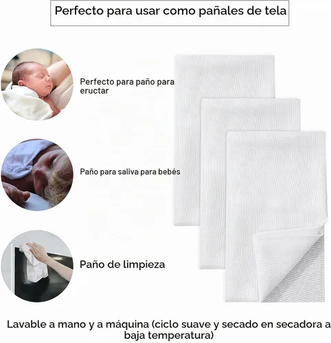Vista 5 de Ruvanti Pañales de tela, paquete de 3 unidades, plegado plano, 100% algodón