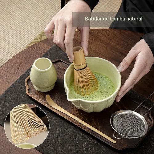 Vista 3 de Set de Batidor Matcha, Set de Matcha Incluye Tazón de Matcha de Cerámica, Batidor de Bambú, Cuchara, Soporte Chasen, Tamiz, Kit de Matcha Perfecto