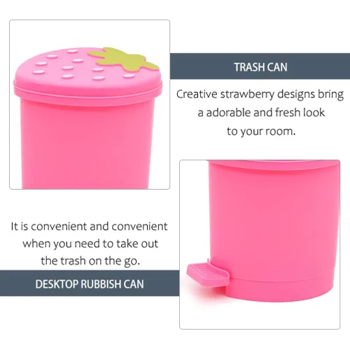 Vista 4 de NUOBESTY Mini papelera de escritorio con tapa, pequeño cubo de basura de plástico para encimera, color rosa