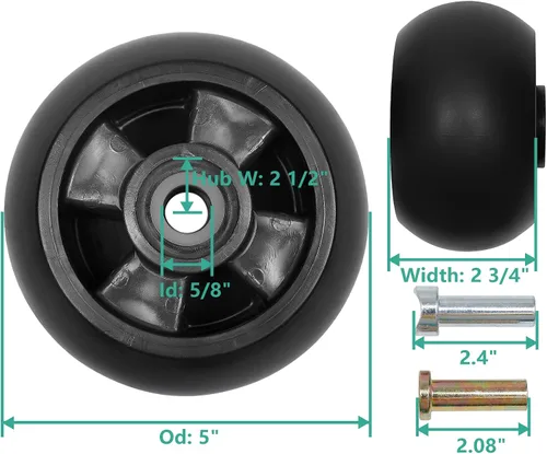 Vista 5 de Kit de ruedas de cubierta, 4 piezas, compatible con cortacésped John Deere de 48, 54, 60, 72 pulgadas, repuesto # AM125172