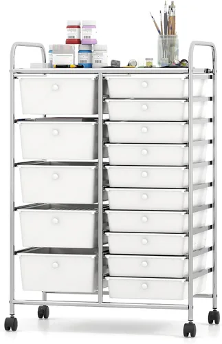 Vista 20 de DREAMADE Carrito de almacenamiento con ruedas de 15 cajones, carrito de manualidades móvil con ruedas con cerradura, cajones de plástico extraíbles