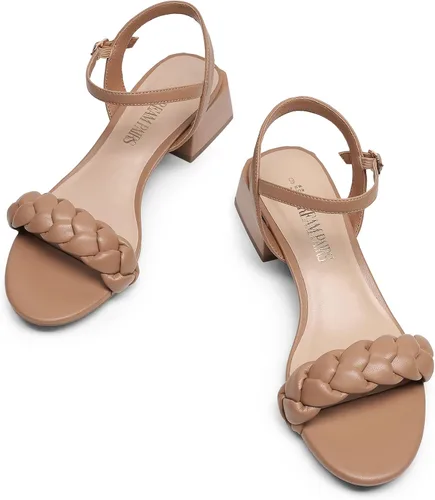 Vista 13 de DREAM PAIRS Zapatos de tacón bajo para mujer con correa de tobillo y puntera abierta trenzada, tacón grueso, sandalias de tacón grueso para fiestas