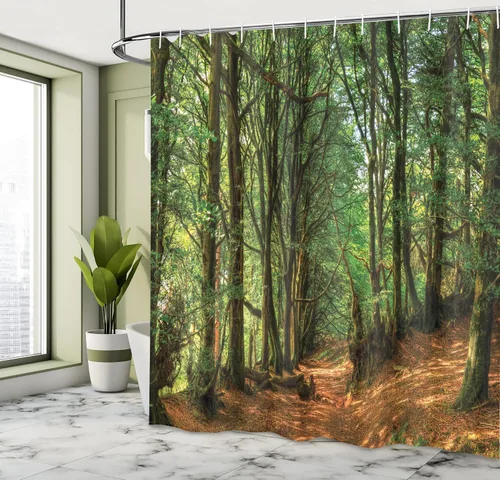 Vista 4 de Ambesonne Cortina de ducha con diseño de bosque, árboles y caminos, follaje de tronco vegetal, imagen al aire libre, juego de decoración de baño