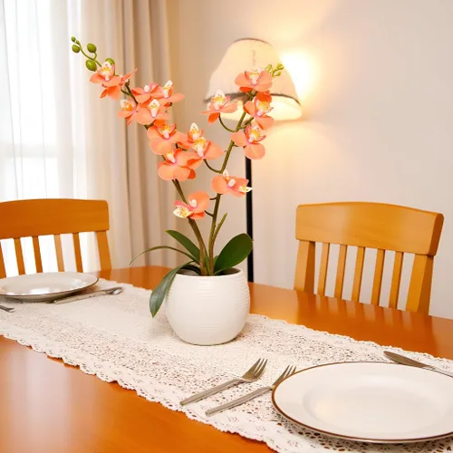 Vista 3 de Orquídea Artificial Flor Naranja en Maceta Blanca, Orquídea Phalaenopsis Sintética de Tacto Real para Decoración de Boda, Hogar, Oficina, Fiesta