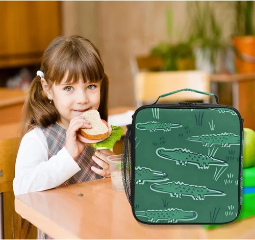 Vista 6 de Wudan Alligator - Bolsas de almuerzo verde cocodrilo para niños y niñas, con aislamiento pequeño, hielera, lonchera para niños, escuela, oficina