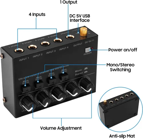 Vista 3 de Mezclador estéreo de línea de 4 canales de ruido ultra bajo 4 entradas 1 salida DC 5V mini mezclador de audio portátil micrófono guitarra bajo