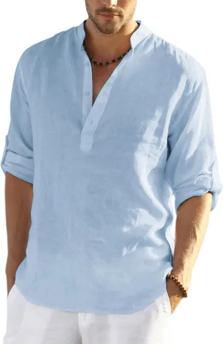 Vista 24 de COOFANDY Camiseta Henley de algodón y lino para hombre, de manga larga, estilo hippie, casual, playera
