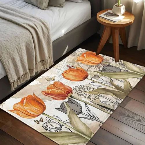 Vista 2 de 2x3 Area Rugs, Orange Flower Non Slip Area Rugs for Living Room, Bedroom, Barhroom, Entryway, Watercolor Retro Tulip Floral Butterfly Soft Kitchen