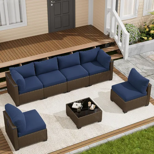 Vista 24 de Juego de 7 muebles de patio al aire libre, sofá seccional al aire libre, muebles de mimbre para patio, juego de conversación de patio con mesa