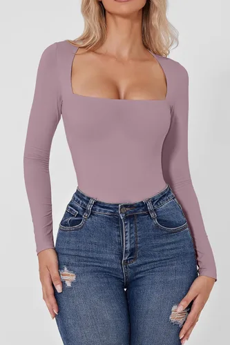 Vista 4 de QINSEN Body sexy de manga larga con cuello cuadrado para mujer