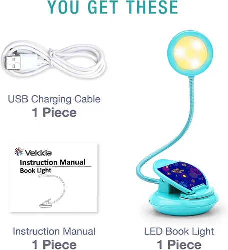 Vista 3 de Vekkia Bonita luz de libro recargable, luz de lectura para niños con clip, 3 colores y 3 brillos, peso súper ligero de 1.8 onzas, hasta 40 horas