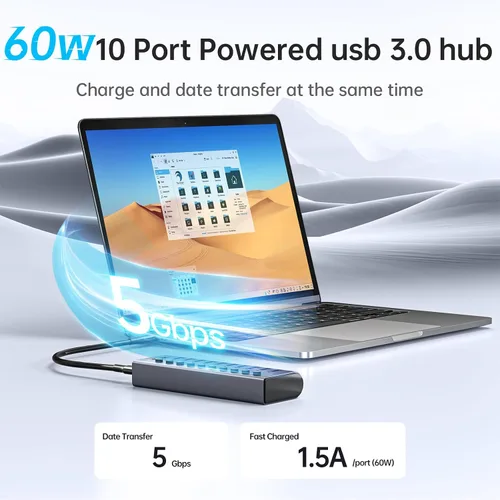 Vista 5 de Hub USB 3.0 alimentado por SSK de 10 puertos, concentrador de carga USB de 60 W Simultaneous Fast Charge,5Gbps Data Transmission,Individual