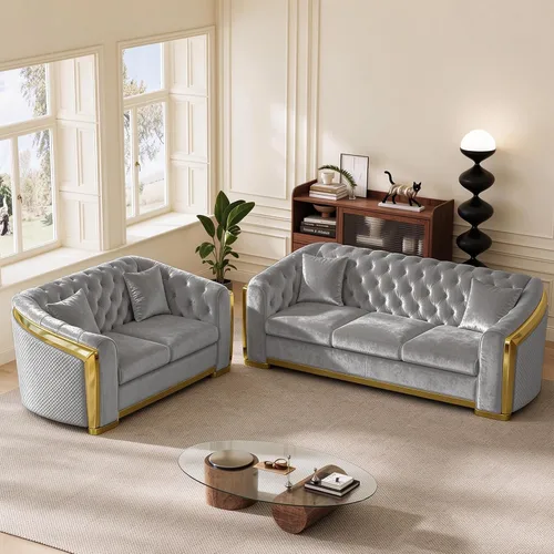 Vista 35 de DAMAIFROM Sofá Chesterfield moderno de mediados de siglo, sofá de terciopelo de 62" blanco y dorado, sofá biplaza curvo de lujo para sala de estar