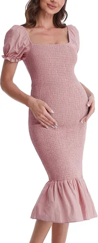 Vista 3 de Vestido de maternidad de verano a media pierna, manga corta abombada, cuello cuadrado, dobladillo con volantes, vestido de sirena para baby shower