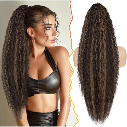Vista 12 de BARSDAR Extensión de cola de caballo rizada ondulada con cordón negro marrón – 22 pulgadas de extensión de cabello sintético con peine de clip