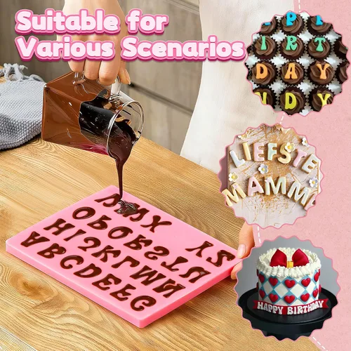 Vista 6 de 6 PIEZAS Moldes de Chocolate, Letras Números Moldes de Chocolate de Silicona Reutilizables Moldes de Dulces del Alfabeto con Feliz Cumpleaños