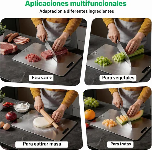 Vista 5 de Juego de 3 tablas de cortar de titanio 100% puro para cocina, tablas de cortar de titanio de doble cara, áreas separadas de alimentos crudos