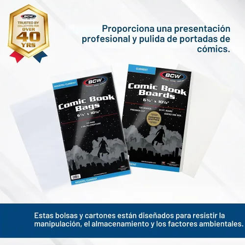 Vista 2 de BCW Bolsas y tableros de cómics para cómics de la era actual, paquete de 200 Fundas y tableros de respaldo para cómics de grado de archivo
