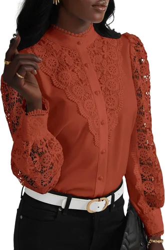 Vista 34 de Rooscier Blusa Elegante de Encaje de Crochet con Cuello Alto Simulado de Manga Larga con Botones para Mujer Top