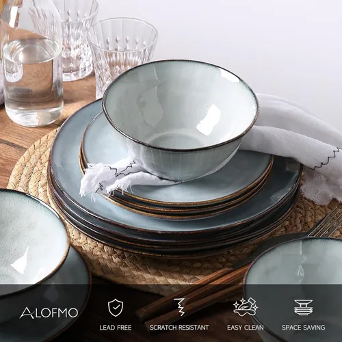 Vista 4 de Hand thrown 12 Piece Stoneware Dinnerware Sets-Service For 4, Blue
