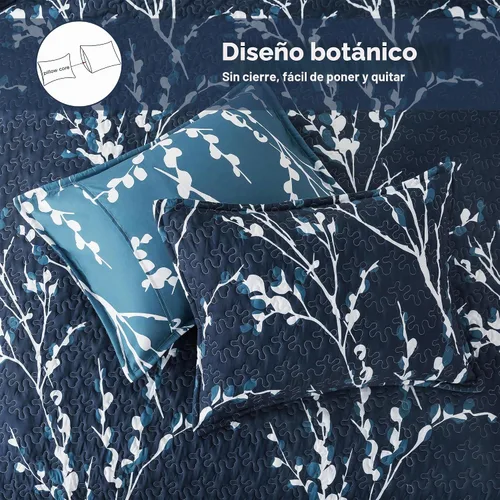 Vista 6 de Andency - Juego de edredón tamaño Queen en color azul marino (96 x 90 pulgadas), 3 piezas de colcha ligera con diseño floral, edredón reversible