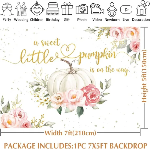 Vista 5 de Avezano Fondo de calabaza para baby shower de 7 x 5 pies para niñas, decoración floral rosa para baby shower, decoración de baby shower con texto