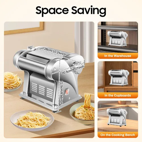 Vista 5 de Máquina eléctrica para hacer pasta, rodillo de masa eléctrico comercial, grosor de fideos, acero inoxidable ajustable, 135 W, máquina para hacer