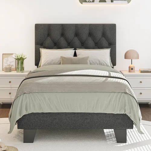 Vista 11 de iPormis Marco de cama tapizada de tamaño completo con cabecera capitoné con botones, plataforma de lino con patas de soporte engrosadas, sin