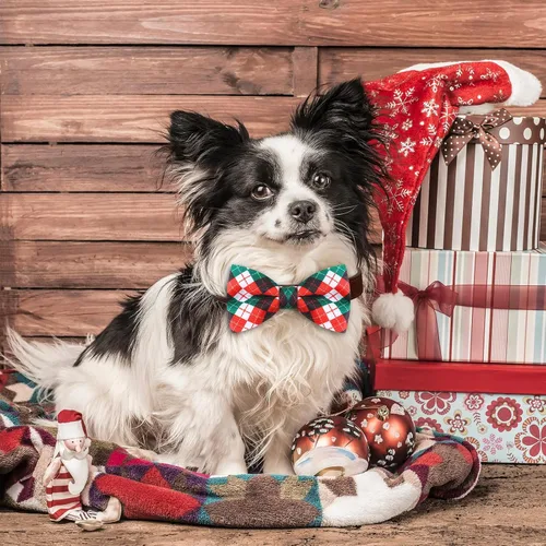 Vista 7 de Silkfly 60 piezas de collar de perro a cuadros de Navidad, corbatín a granel, accesorios de vacaciones, lazos para cachorros, collares desmontables