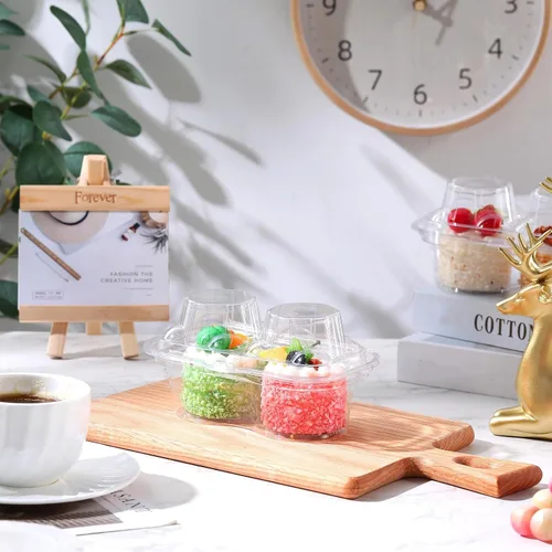 Vista 5 de Eaasty 100 recipientes de plástico con 2 compartimentos para cupcakes, caja de soporte para cupcakes profundos con tapas, contenedor apilable