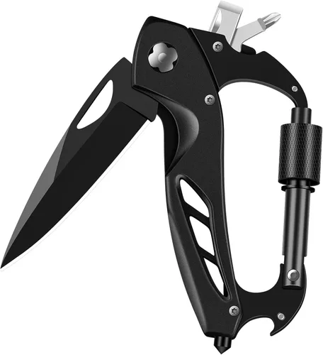 Vista 8 de Herramienta múltiple con mosquetón con cuchillo de bolsillo, equipo de supervivencia para camping y senderismo, llavero con mosquetones EDC
