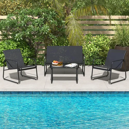 Vista 4 de Tangkula Juego de muebles de patio de 4 piezas, juego de conversación al aire libre con mesa de centro de vidrio templado, juego de muebles