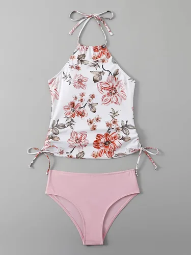Vista 3 de Floerns Traje de baño tankini halter de 2 piezas con estampado floral y control de abdomen y braguitas