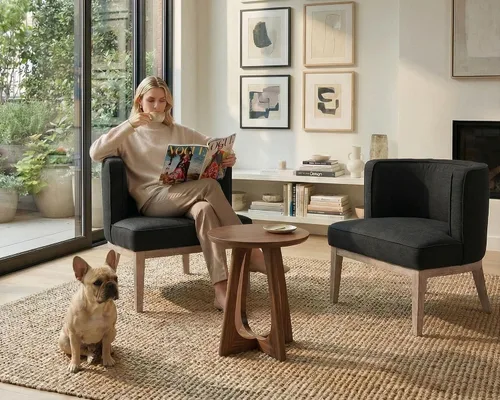 Vista 12 de Silla de barril beige con marco de madera maciza, silla decorativa redonda pequeña, cómoda silla de lino para sala de estar