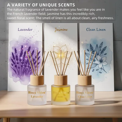 Vista 2 de binca vidou - Juego de 3 difusores de aceite de aroma natural de lavanda y jazmín con varillas para decoración de aromaterapia en casa, oficina