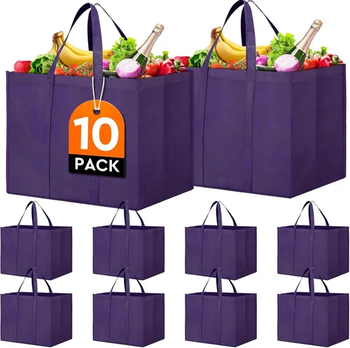 Vista 16 de WISELIFE Bolsas de compras reutilizables para comestibles, paquete de 10 bolsas grandes plegables a granel, con asa larga para compras de Negro