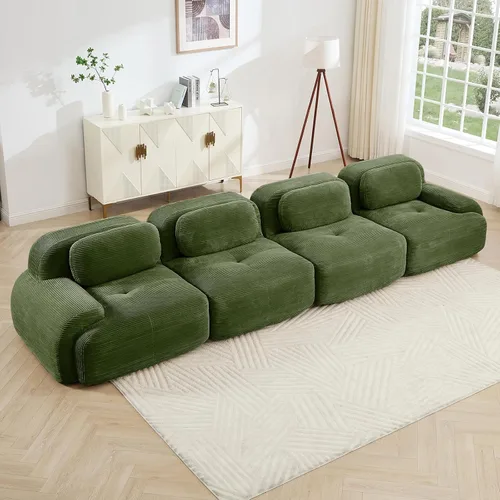 Vista 88 de Sofá moderno comprimido sin armazón de 116", sofás seccionales de 3 plazas para sala de estar, sofá seccional modular de pana verde nube, espuma