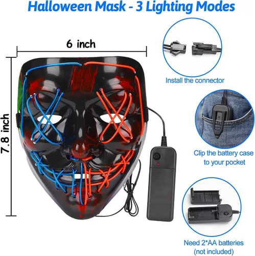Vista 5 de Máscara de purga LED de Halloween y guantes iluminados paquete de 2 disfraces de Halloween para niños y niñas guantes LED aterradores para niños