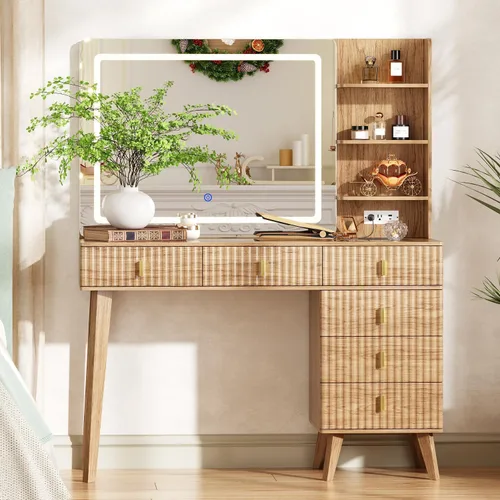 Vista 9 de Escritorio grande de maquillaje con espejo y luces, escritorio de tocador con 6 cajones y estantes de almacenamiento, mesa de tocador con toma