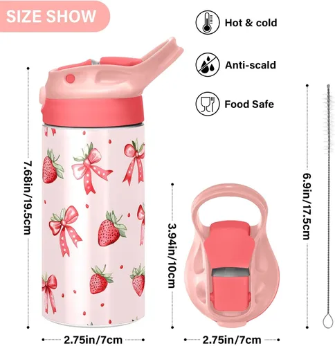 Vista 3 de Botellas de agua aisladas con popote para niños y escuelas, diseño de fresa, de acero inoxidable, rosa, de doble pared, mantiene el calor y el frío