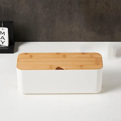 Vista 4 de Wooden cover cable storage box designed for organizing power strips, chargers, and USB devices in office or home (White)