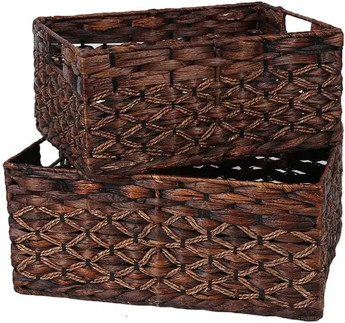 Vista 2 de Cesta rectangular tejida de jacinto de agua, cesta de almacenamiento oscura con asas interiores, estantes de cocina, escritorio de oficina