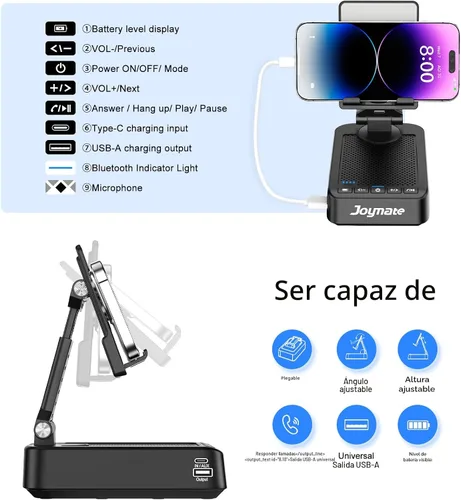 Vista 4 de Regalos para hombres y mujeres, soporte para teléfono con altavoz Bluetooth y función de carga, ángulo rotatorio de 360° ajustable, soporte