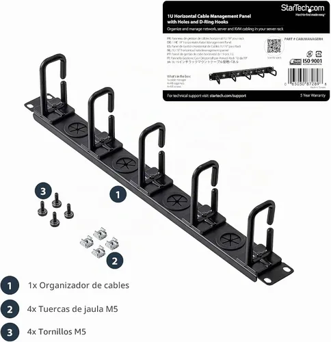 Vista 5 de StarTech Organizador de gestión de cables de 1U de 19 pulgadas, gancho de anillo en D, administrador de cables de rack de red/servidor, panel