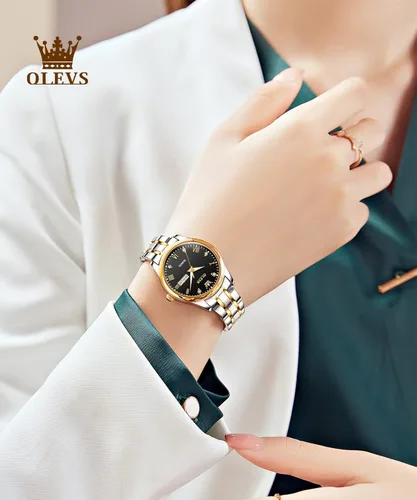 Vista 3 de OLEVS Reloj de pulsera analógico de cuarzo analógico de acero inoxidable para mujer de moda color dorado y plateado