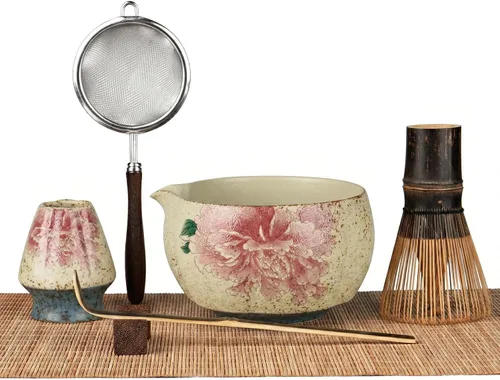 Vista 10 de Juego de batidor de matcha de 7 piezas con cuenco y batidor de 100 puntas Intricate Hand-Applied Decal, Bamboo Tea Mat Included, 100-Prong for