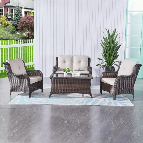 Vista 18 de HUMMUH Juego de 2 sillas de mimbre para patio, sillas de comedor de ratán de polietileno para exteriores, con cojines de asiento de 4 pulgadas