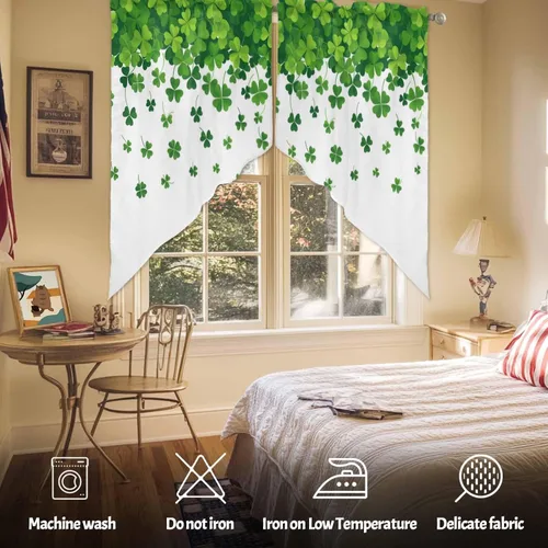 Vista 5 de Juego de Cortinas de Cocina del Día de San Patricio Trébol de la Suerte Shamrock Juego de Cenefa de Ventana, Cortinas con Bolsillo para Barra
