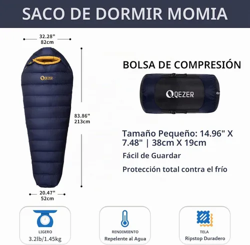 Vista 2 de Down Mummy Sleeping Bag for Adults, Ultralight Backpacking Azul (deepblue)